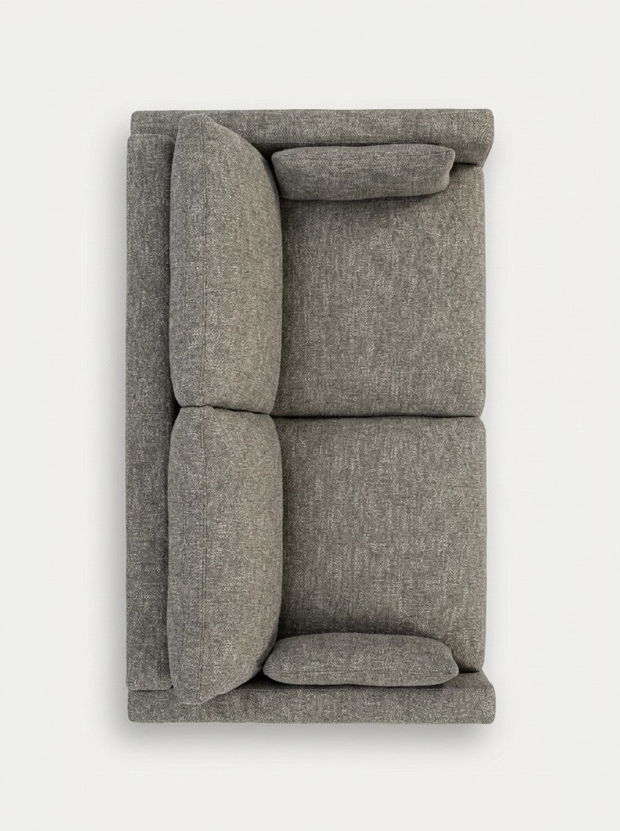 Vue de dessus du canapé Faro gris granite de TOCO Meubles avec coussins texturés et accoudoirs rembourrés