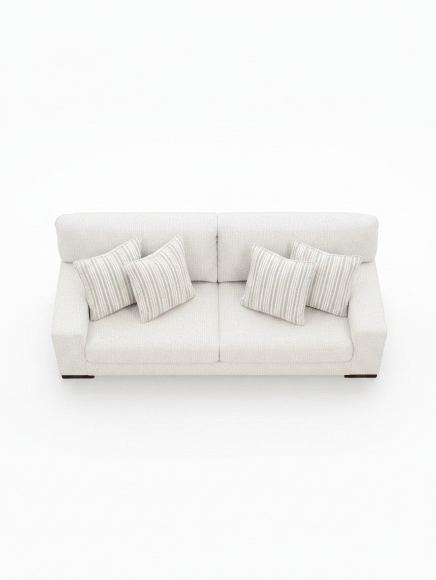 Canapé TOCO Meubles Figaro couleur givrée avec coussins décoratifs rayés vue de dessus