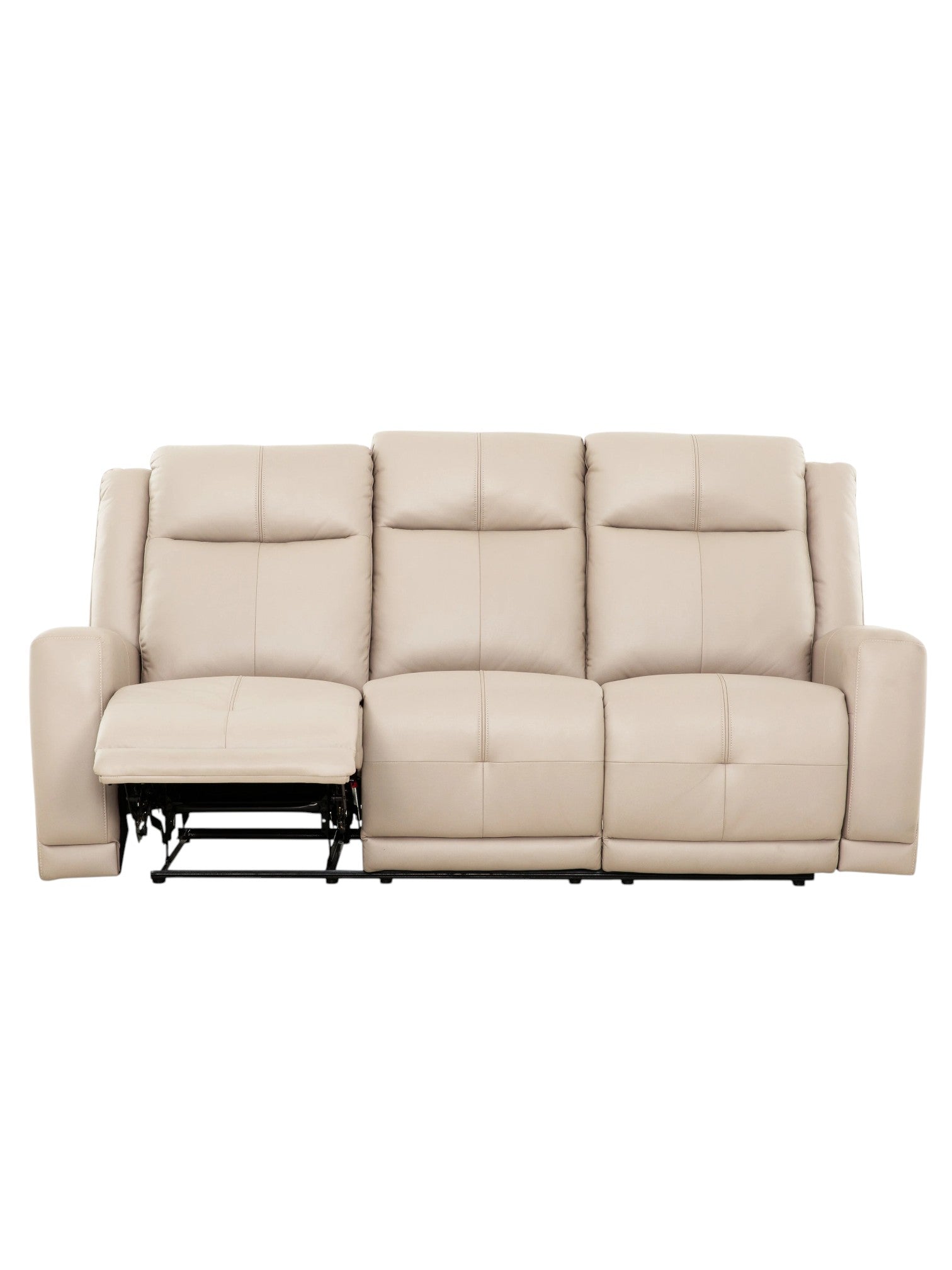 TOCO Meubles Sofa inclinable Charlie beige en cuir, 3 places, avec repose-pieds déployé.