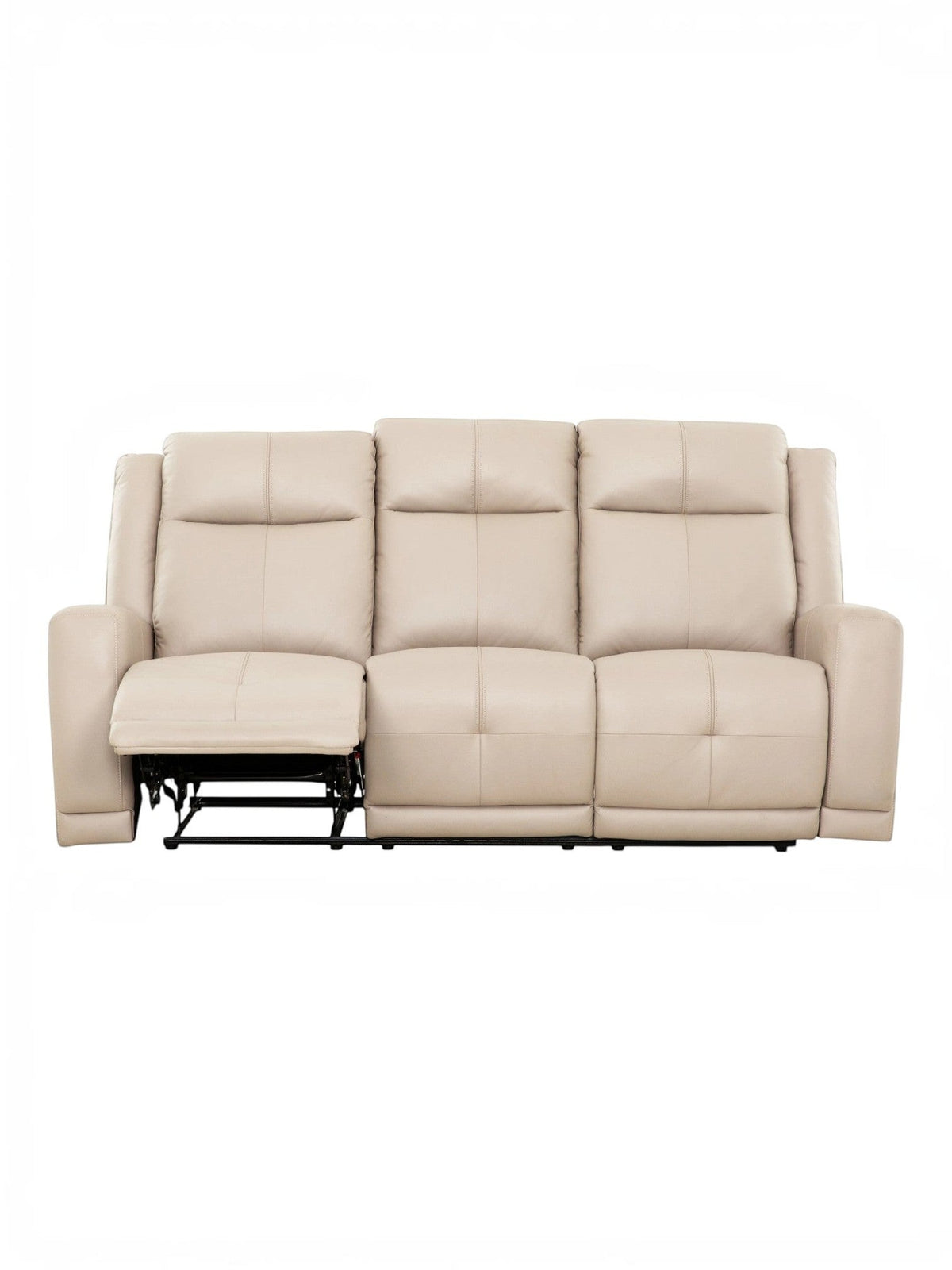 TOCO Meubles Sofa inclinable Charlie beige en cuir, 3 places, avec repose-pieds déployé.