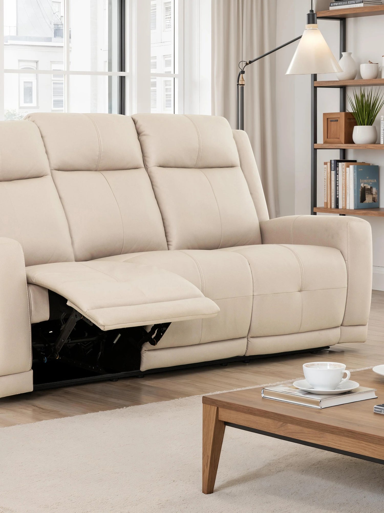 TOCO Meubles Sofa inclinable Charlie beige en cuir, 3 places, avec repose-pieds relevés pour un confort maximal.