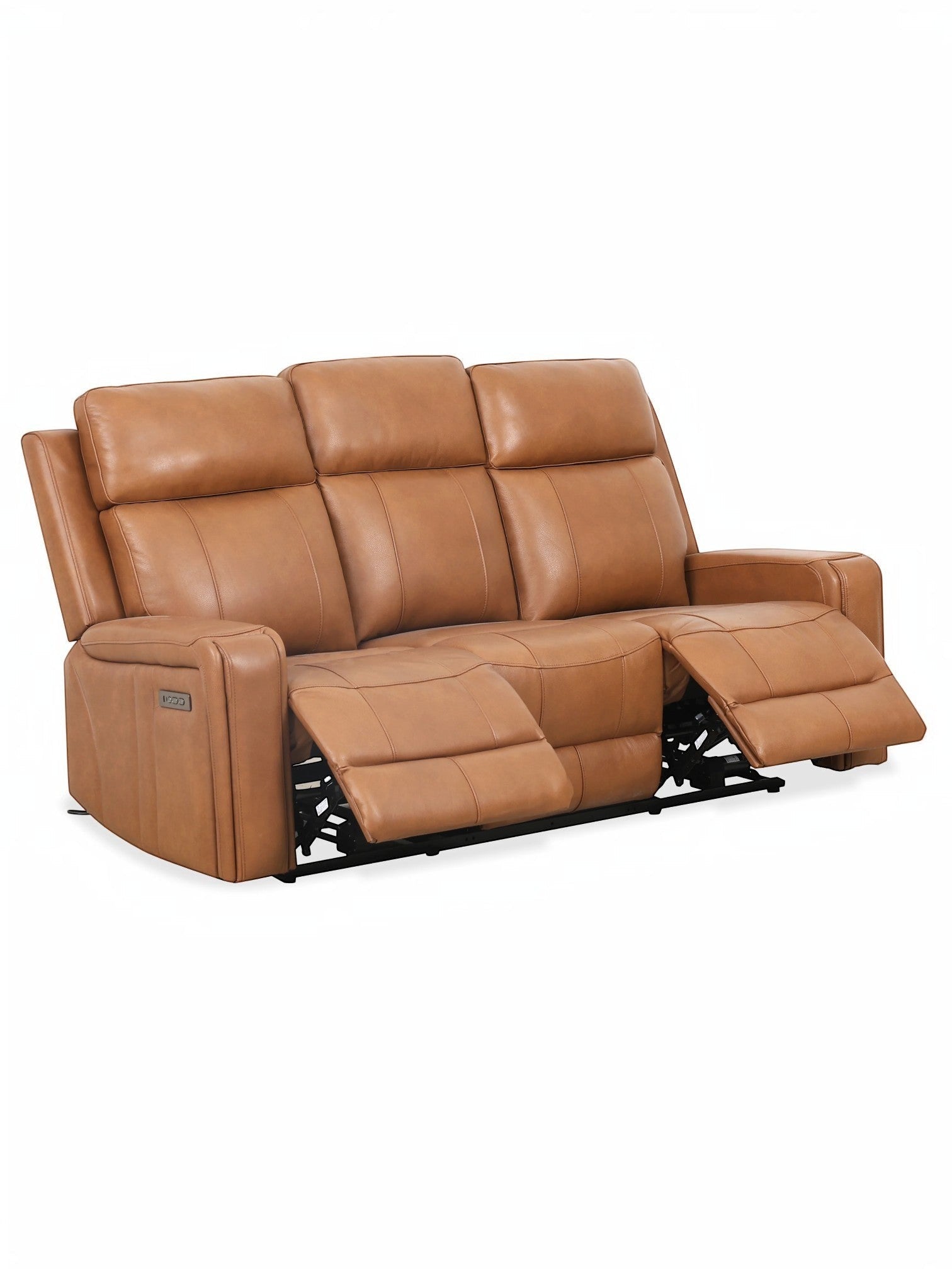 Canapé inclinable 3 places en cuir marron clair TOCO Meubles, avec repose-pieds et dossiers relevables.