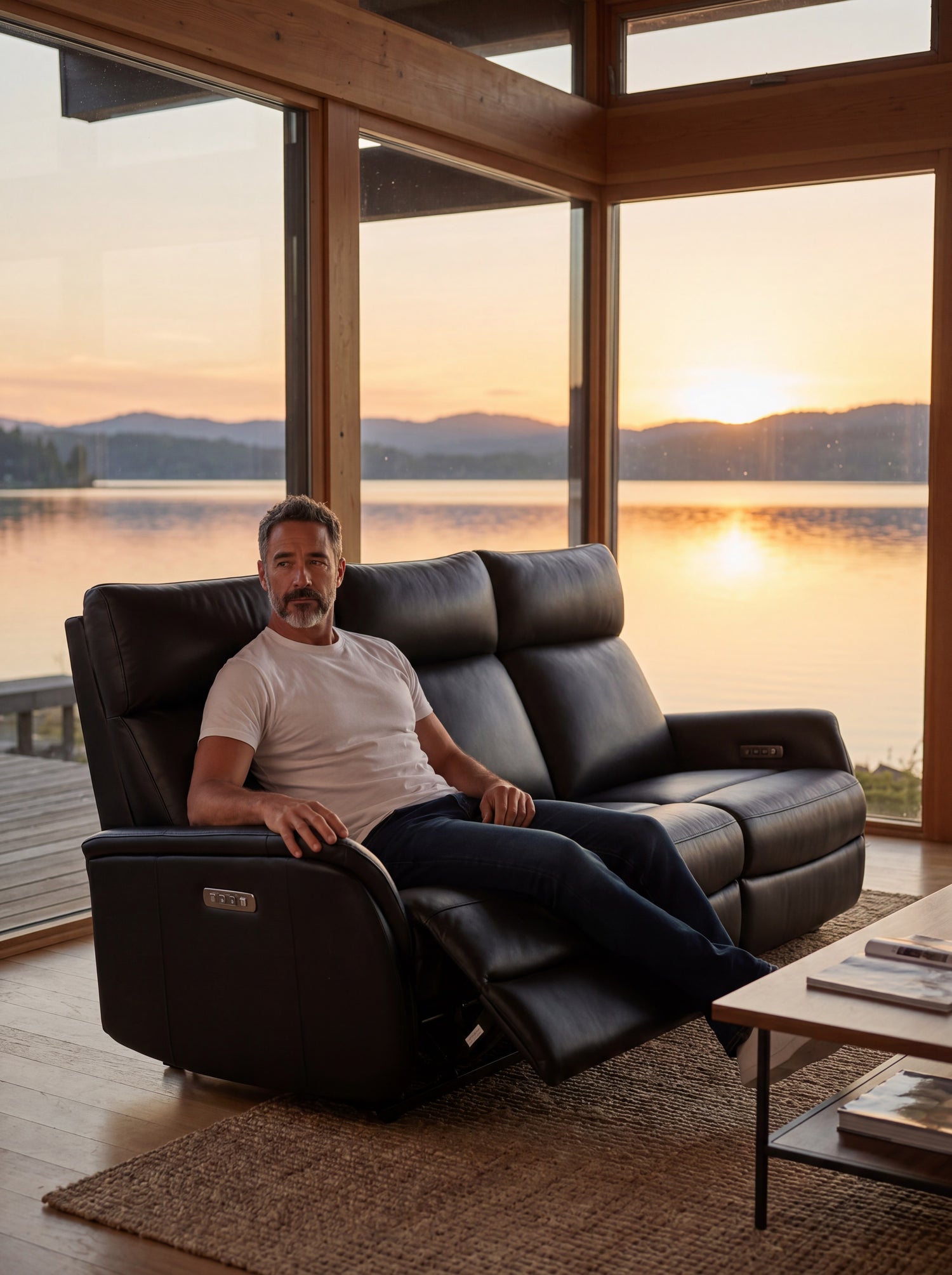 Homme assis sur un canapé inclinable en cuir noir TOCO Meubles dans un salon moderne avec vue sur le lac au coucher