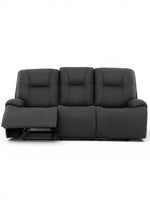 TOCO Meubles - Canapé inclinable gris foncé à 3 places avec repose-pieds relevé, coutures contrastantes et accoudoirs rembourrés.