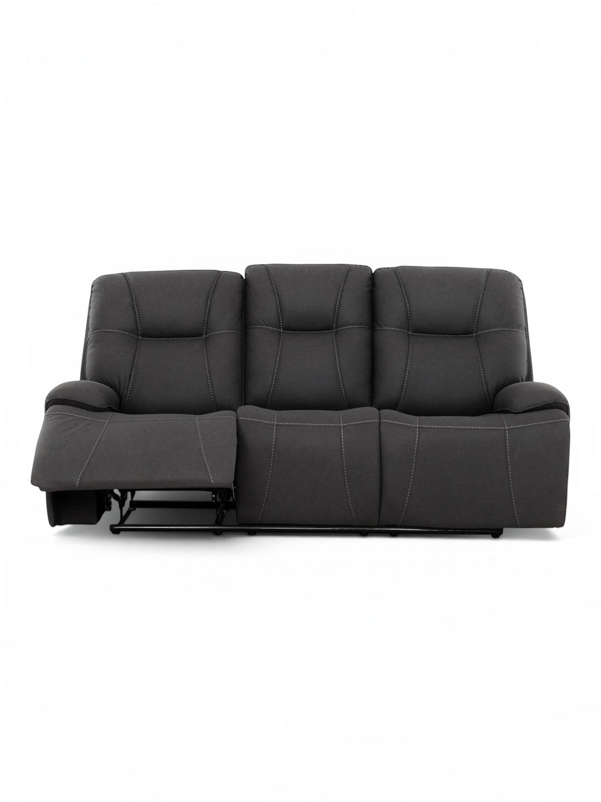 TOCO Meubles - Canapé inclinable gris foncé à 3 places avec repose-pieds relevé, coutures contrastantes et accoudoirs rembourrés.