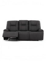 TOCO Meubles - Canapé inclinable gris foncé à 3 places avec repose-pieds relevé, coutures contrastantes et accoudoirs rembourrés.