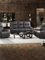 TOCO Meubles - Canapé inclinable gris foncé en cuir, 3 places, avec surpiqûres contrastantes, idéal pour un salon moderne.