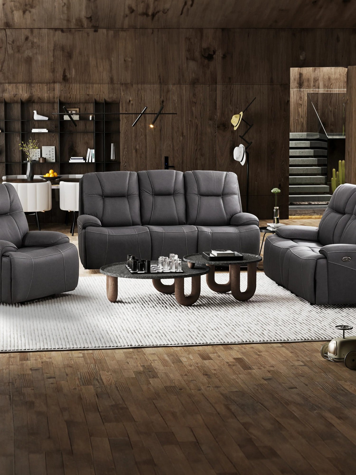 TOCO Meubles - Canapé inclinable gris foncé en cuir, 3 places, avec surpiqûres contrastantes, idéal pour un salon moderne.