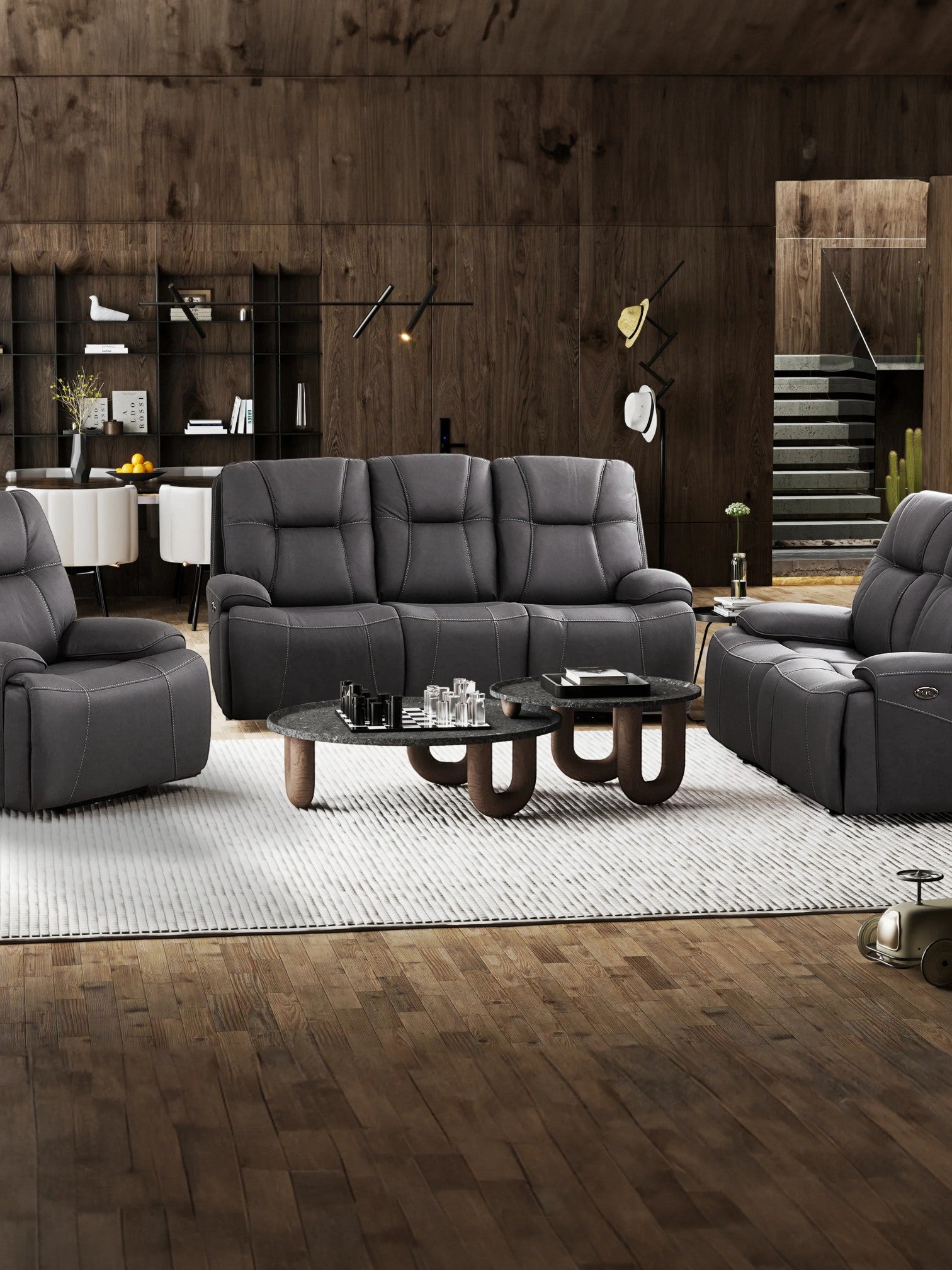 TOCO Meubles - Canapé inclinable gris foncé en cuir, 3 places, avec surpiqûres contrastantes, idéal pour un salon moderne.