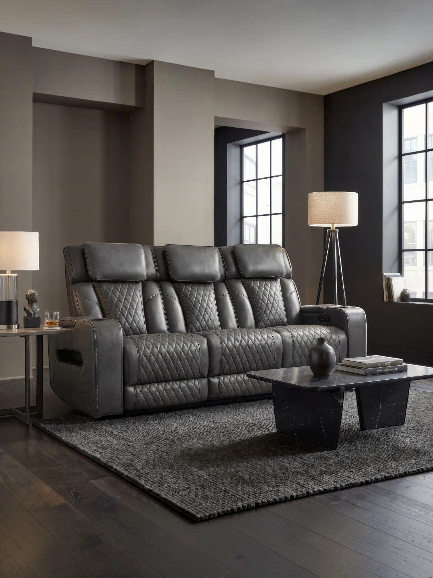 TOCO Meubles - Sofa inclinable gris foncé matelassé en cuir, 3 places, idéal pour un salon.