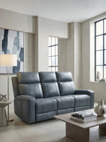TOCO Meubles Canapé inclinable Miles bleu en cuir, 3 places, avec appuie-tête réglable et accoudoirs rembourrés.