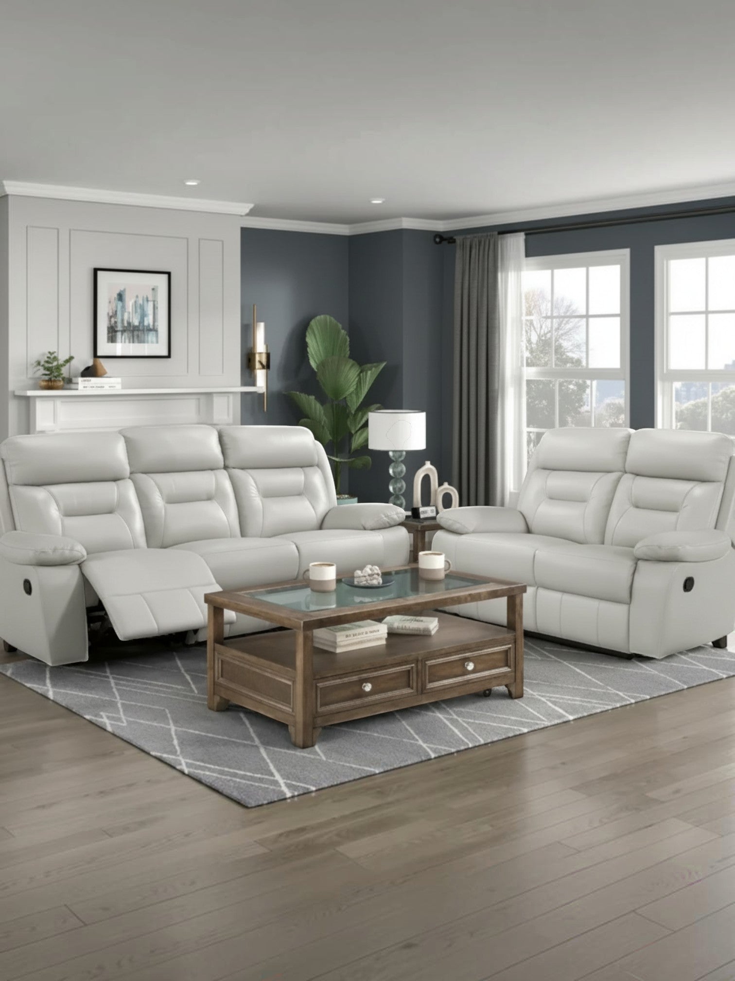 TOCO Meubles - Canapé inclinable Monroe blanc en cuir, 2 places, salon moderne