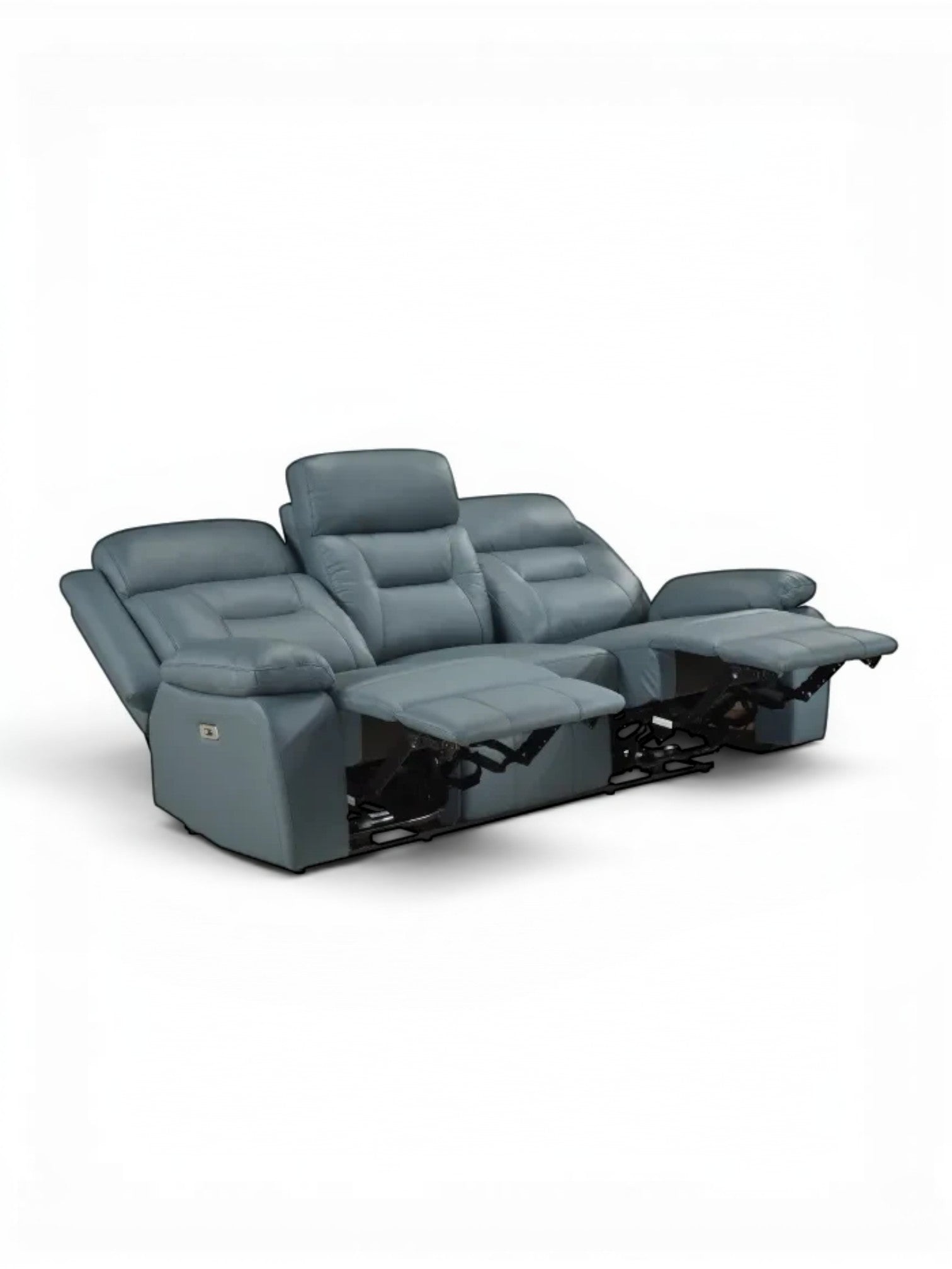 TOCO Meubles Canapé inclinable Monroe bleu gris en cuir, 3 places, avec repose-pieds relevés et appuie-tête réglable.