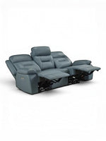TOCO Meubles Canapé inclinable Monroe bleu gris en cuir, 3 places, avec repose-pieds relevés et appuie-tête réglable.