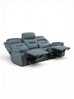 TOCO Meubles Canapé inclinable Monroe bleu gris en cuir, 3 places, avec repose-pieds relevés et appuie-tête réglable.