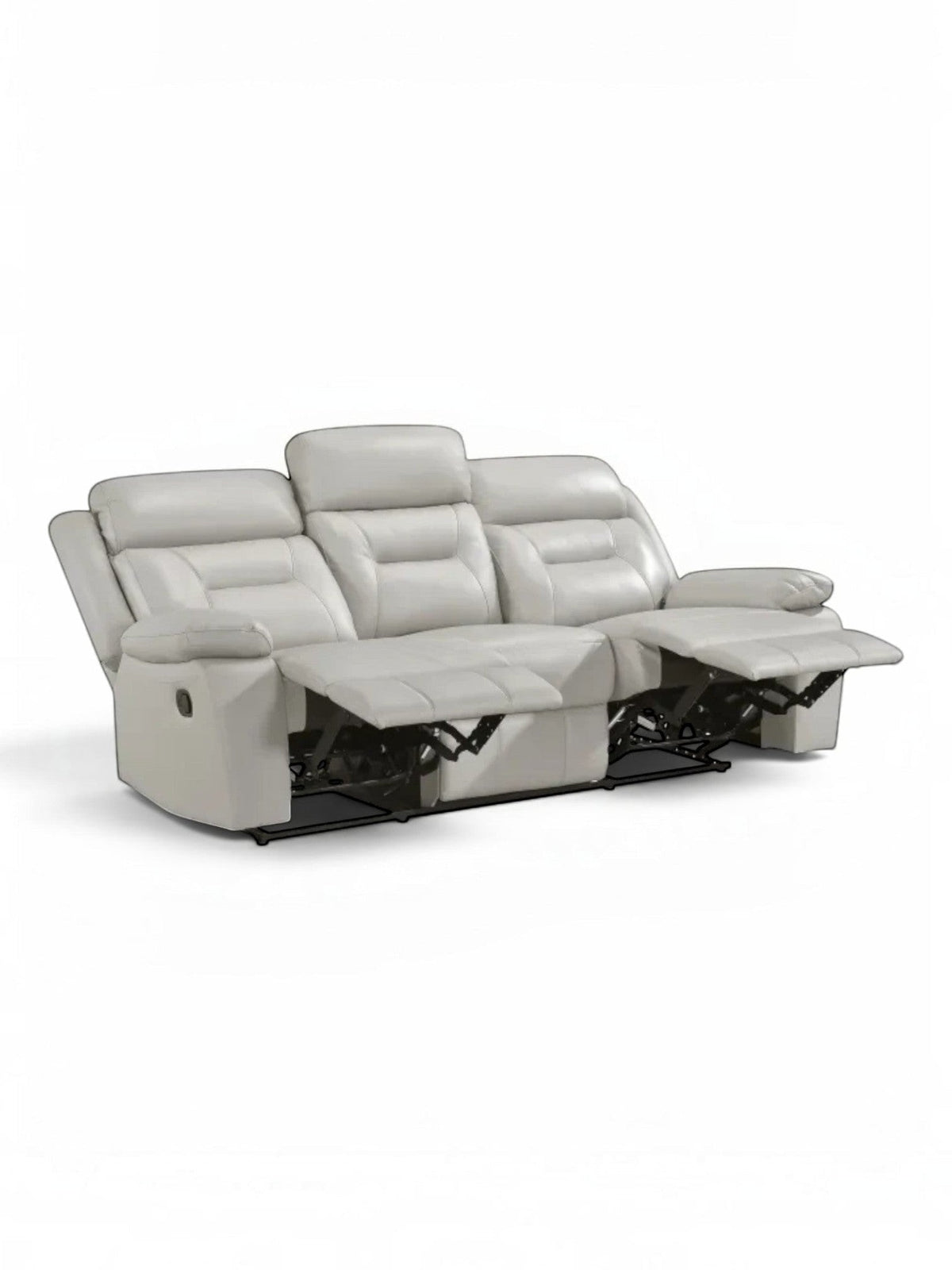 TOCO Meubles Sofa inclinable Monroe gris clair en cuir, 3 places, avec repose-pieds relevés.