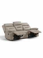 TOCO Meubles Sofa inclinable Monroe gris clair en cuir, 3 places, avec repose-pieds relevés.