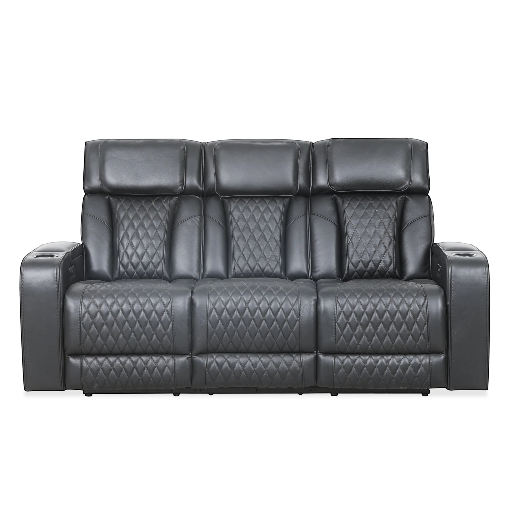 TOCO Meubles - Canapé inclinable Warren gris foncé en cuir avec surpiqûres diamantées et porte-gobelets.