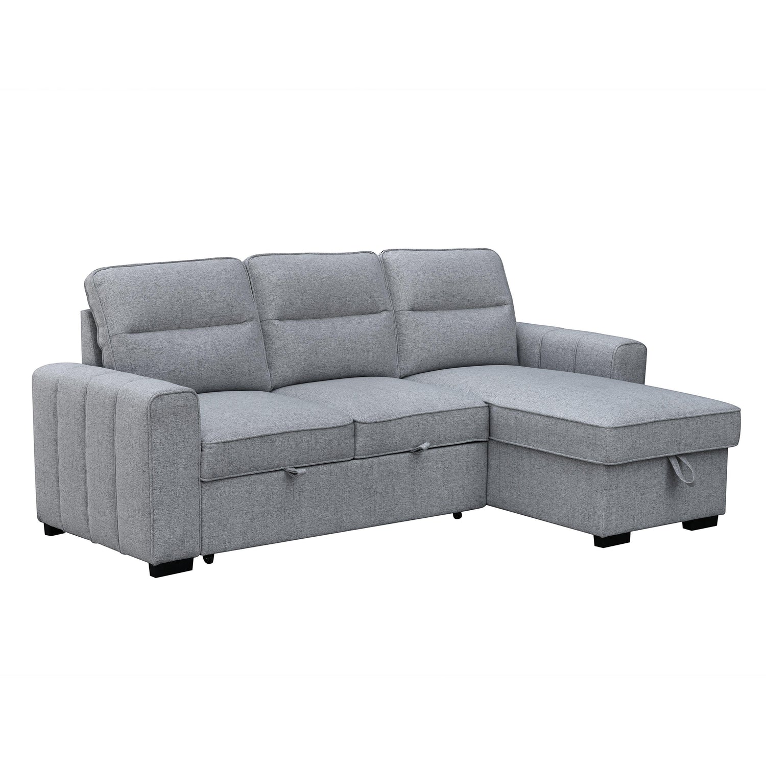 Canapé-lit Amani gris clair TOCO Meubles convertible avec méridienne et rangement intégré, idéal pour salon moderne.