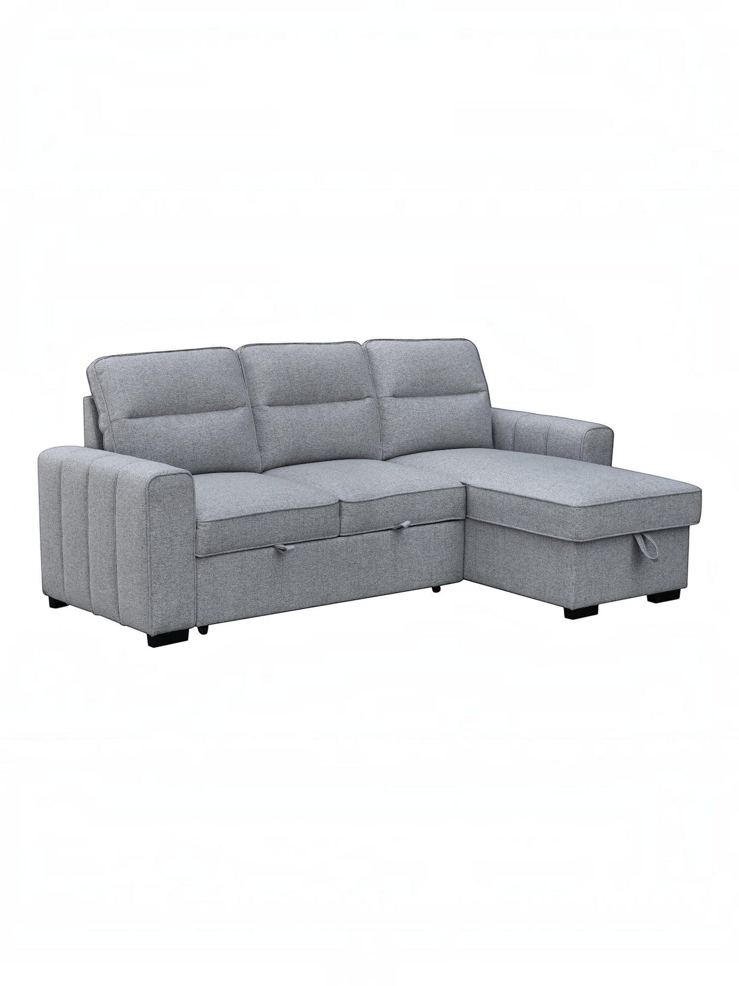 Canapé-lit Amani gris clair TOCO Meubles convertible avec méridienne et rangement intégré, idéal pour salon moderne.