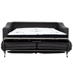 TOCO Meubles Canapé-lit Ayana gris foncé convertible avec matelas blanc orné de motifs bleus, structure métallique visible.