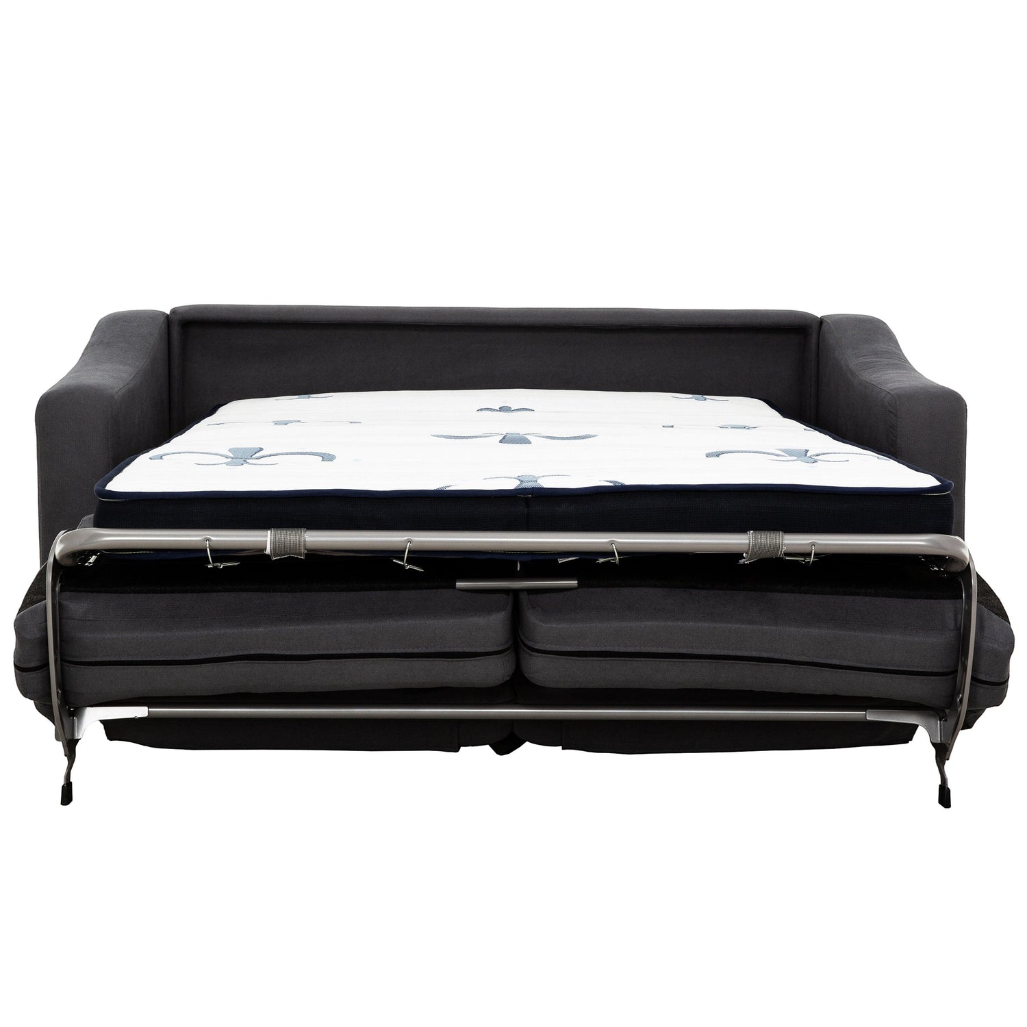 TOCO Meubles Canapé-lit Ayana gris foncé convertible avec matelas blanc orné de motifs bleus, structure métallique visible.