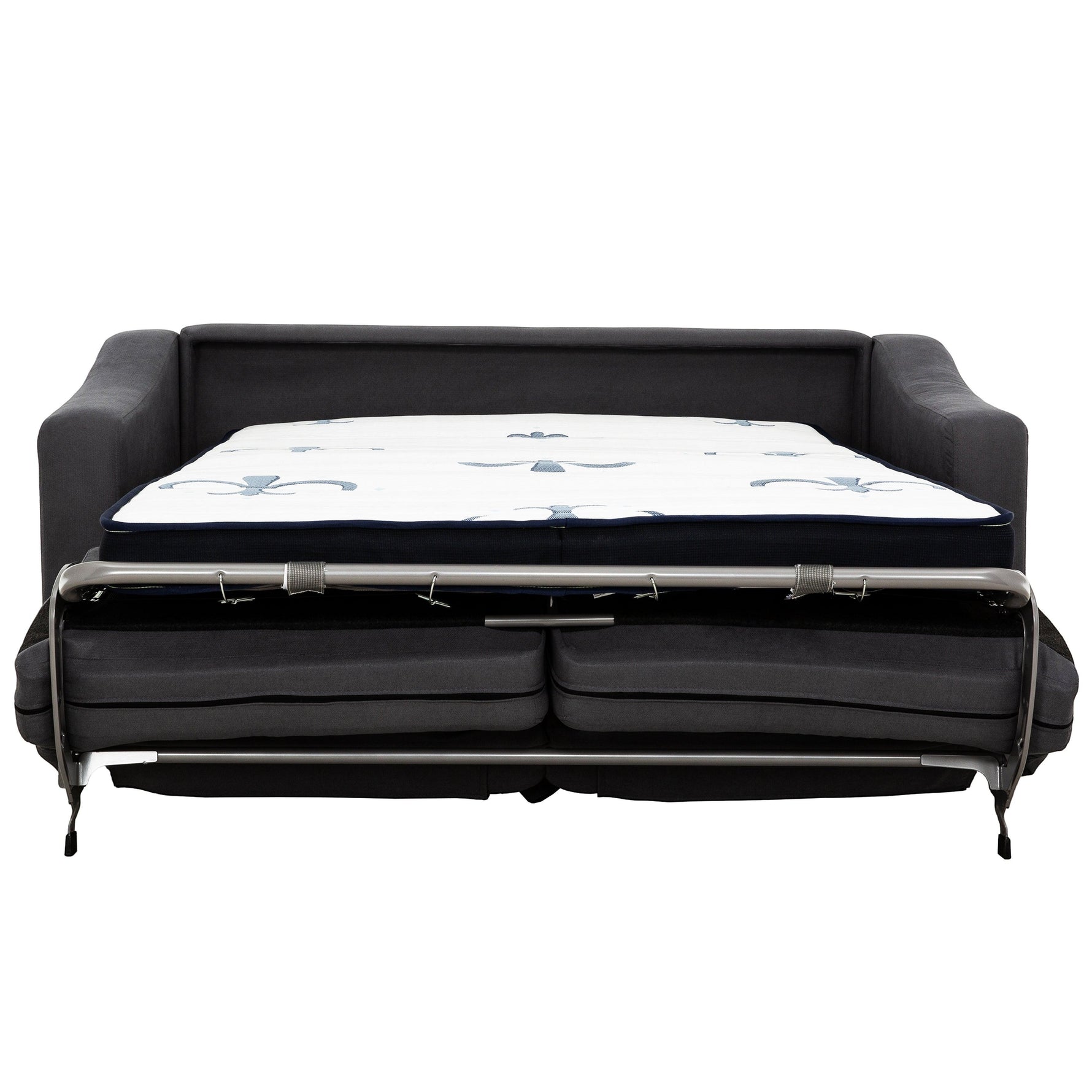 TOCO Meubles Canapé-lit Ayana gris foncé convertible avec matelas blanc orné de motifs bleus, structure métallique visible.