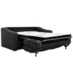 TOCO Meubles Canapé-lit Ayana gris foncé convertible en lit avec matelas blanc à motifs bleus, structure métallique apparente.
