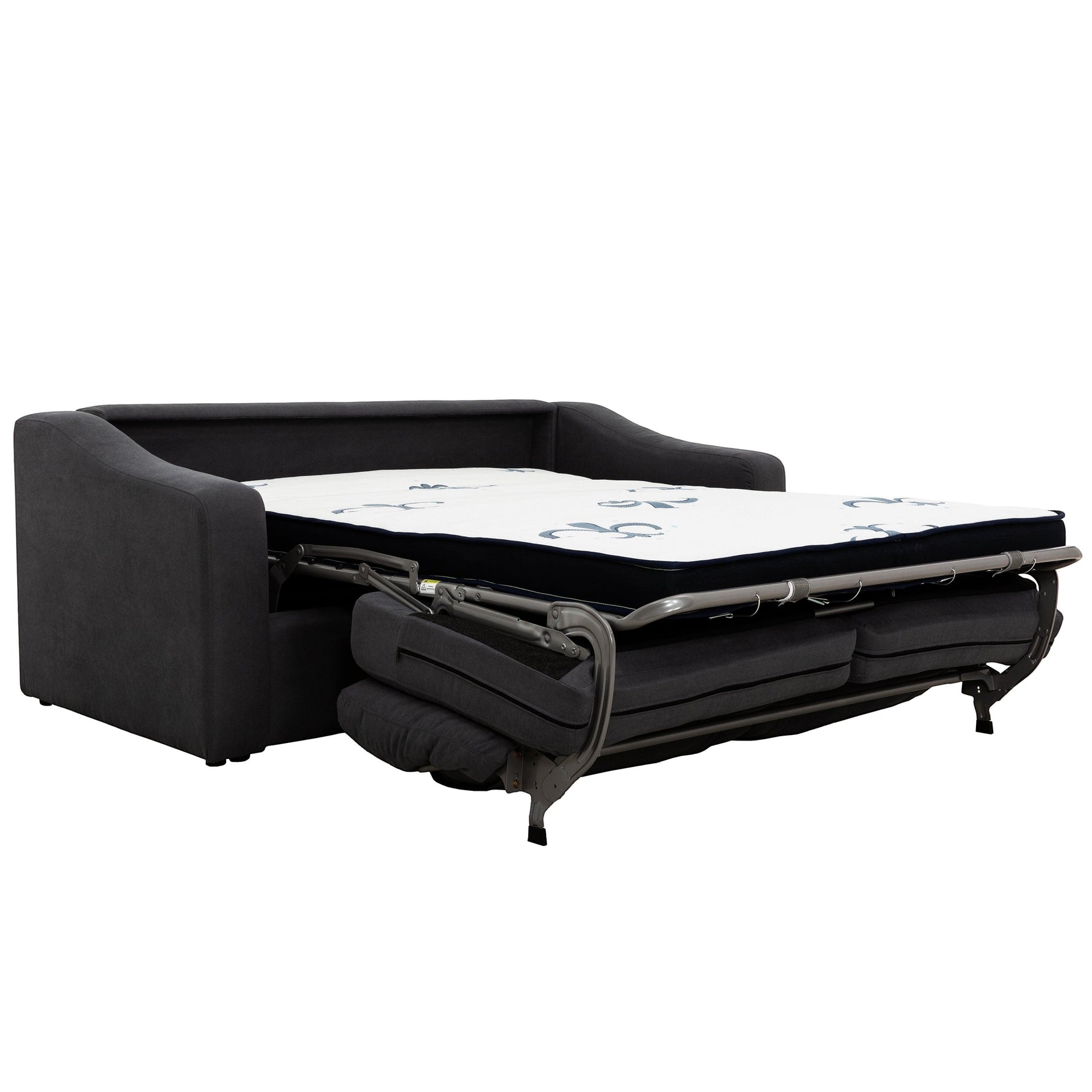 TOCO Meubles Canapé-lit Ayana gris foncé convertible en lit avec matelas blanc à motifs bleus, structure métallique apparente.