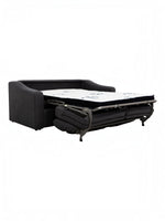 TOCO Meubles Canapé-lit Ayana gris foncé convertible en lit avec matelas blanc à motifs bleus, structure métallique apparente.
