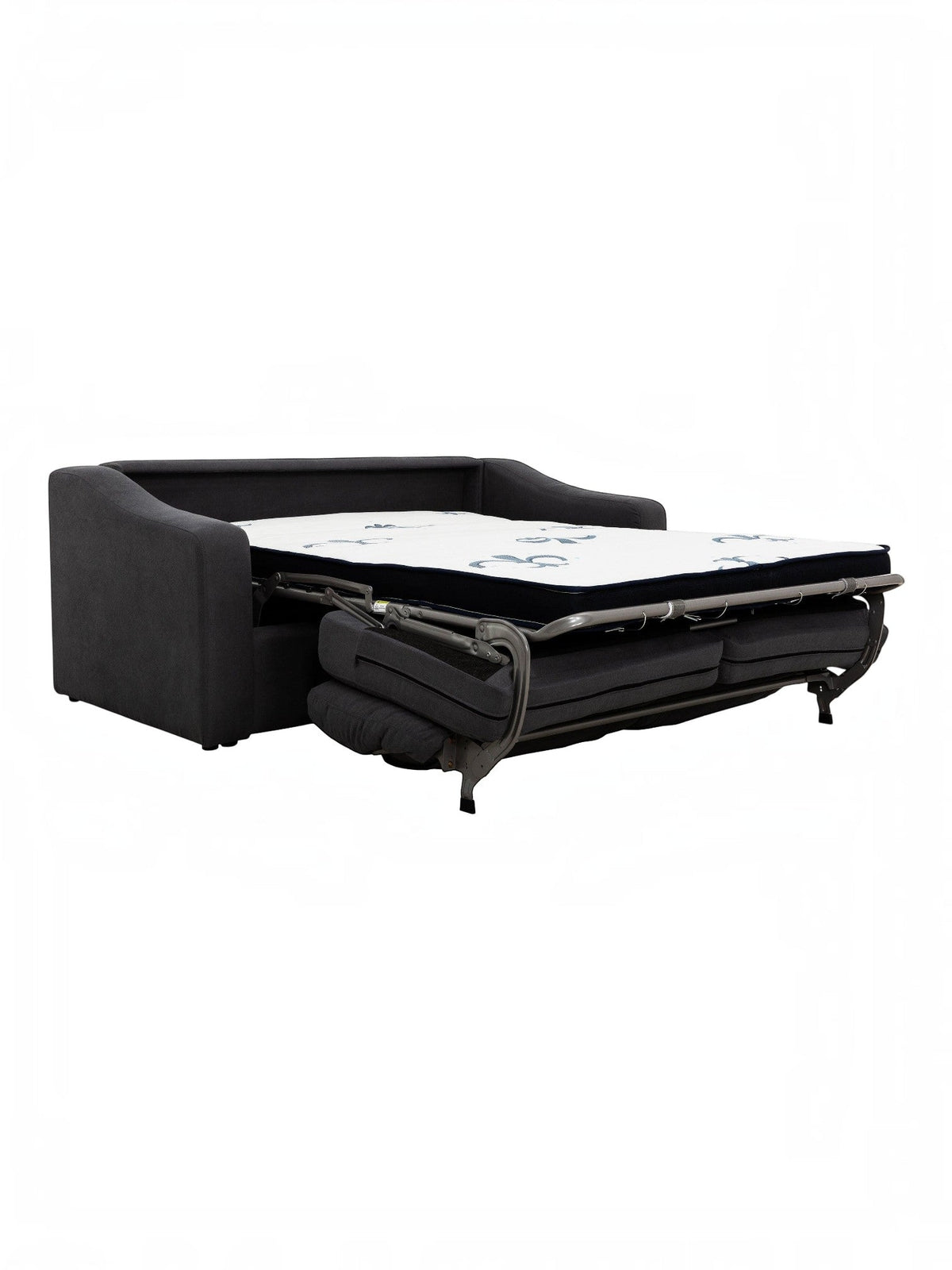 TOCO Meubles Canapé-lit Ayana gris foncé convertible en lit avec matelas blanc à motifs bleus, structure métallique apparente.