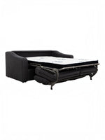 TOCO Meubles Canapé-lit Ayana gris foncé convertible en lit avec matelas blanc à motifs bleus, structure métallique apparente.