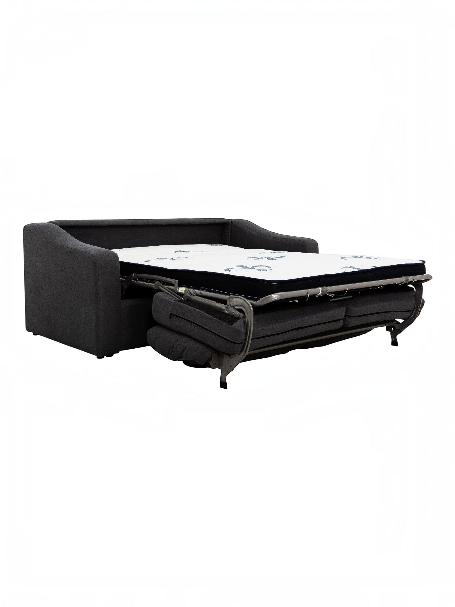 TOCO Meubles Canapé-lit Ayana gris foncé convertible en lit avec matelas blanc à motifs bleus, structure métallique apparente.