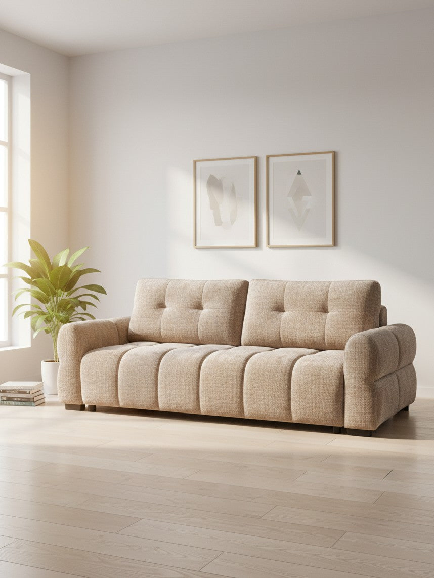 Canapé-lit Cara TOCO Meubles beige en tissu texturé avec dossier capitonné dans un salon lumineux et moderne