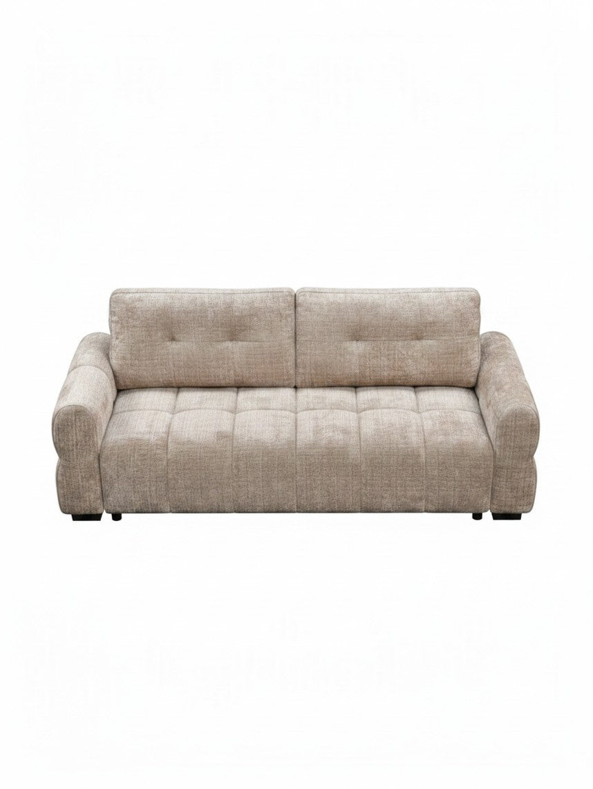 Canapé-lit Cara TOCO Meubles beige en tissu avec assise capitonnée et accoudoirs arrondis