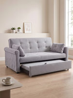 Canapé-lit convertible gris TOCO Meubles avec assise capitonnée et tiroir de couchage intégré dans un salon moderne