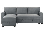 Canapé-lit d'angle Teni gris en tissu de TOCO Meubles, avec rangement intégré sous l'assise et la méridienne.