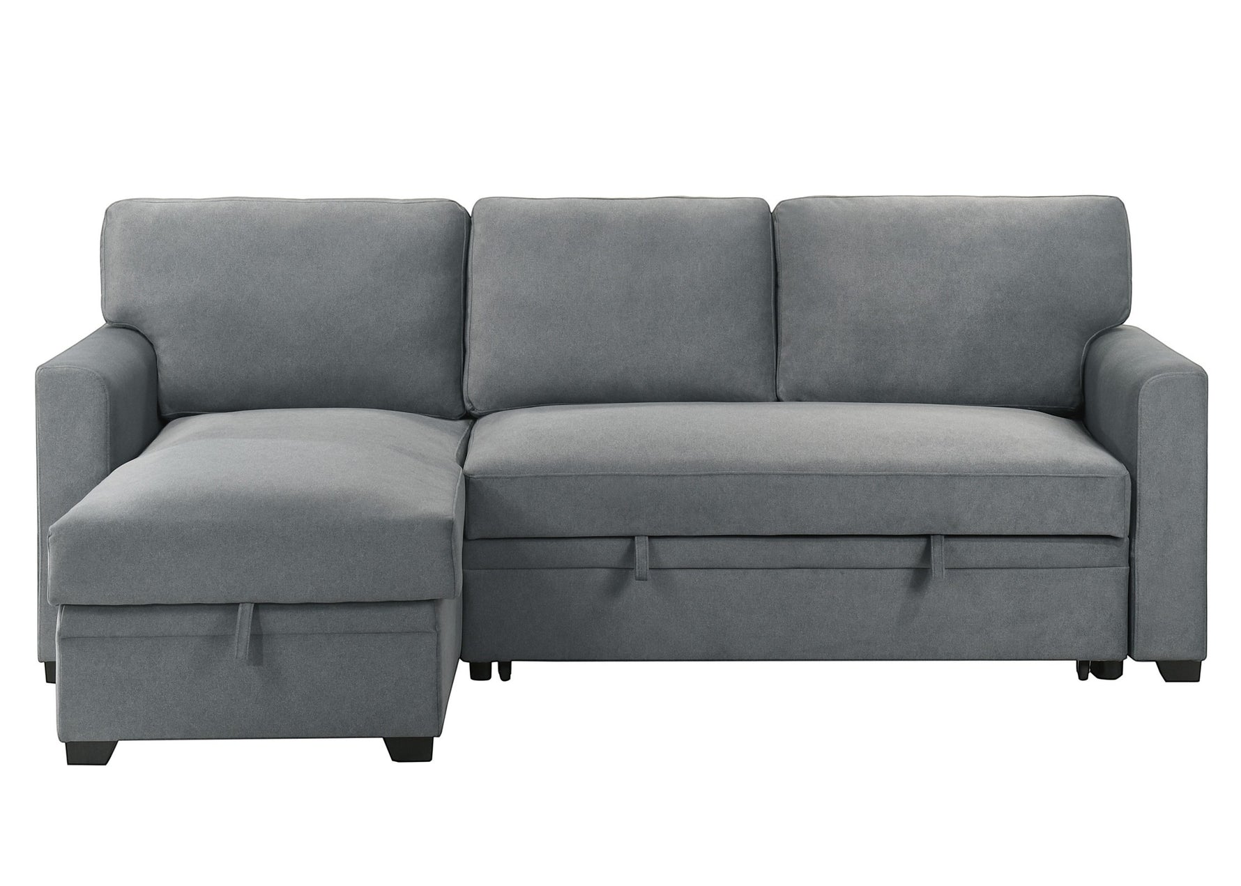 Canapé-lit d'angle Teni gris en tissu de TOCO Meubles, avec rangement intégré sous l'assise et la méridienne.