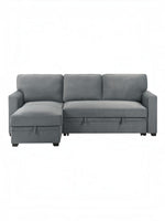 Canapé-lit d'angle Teni gris en tissu de TOCO Meubles, avec rangement intégré sous l'assise et la méridienne.