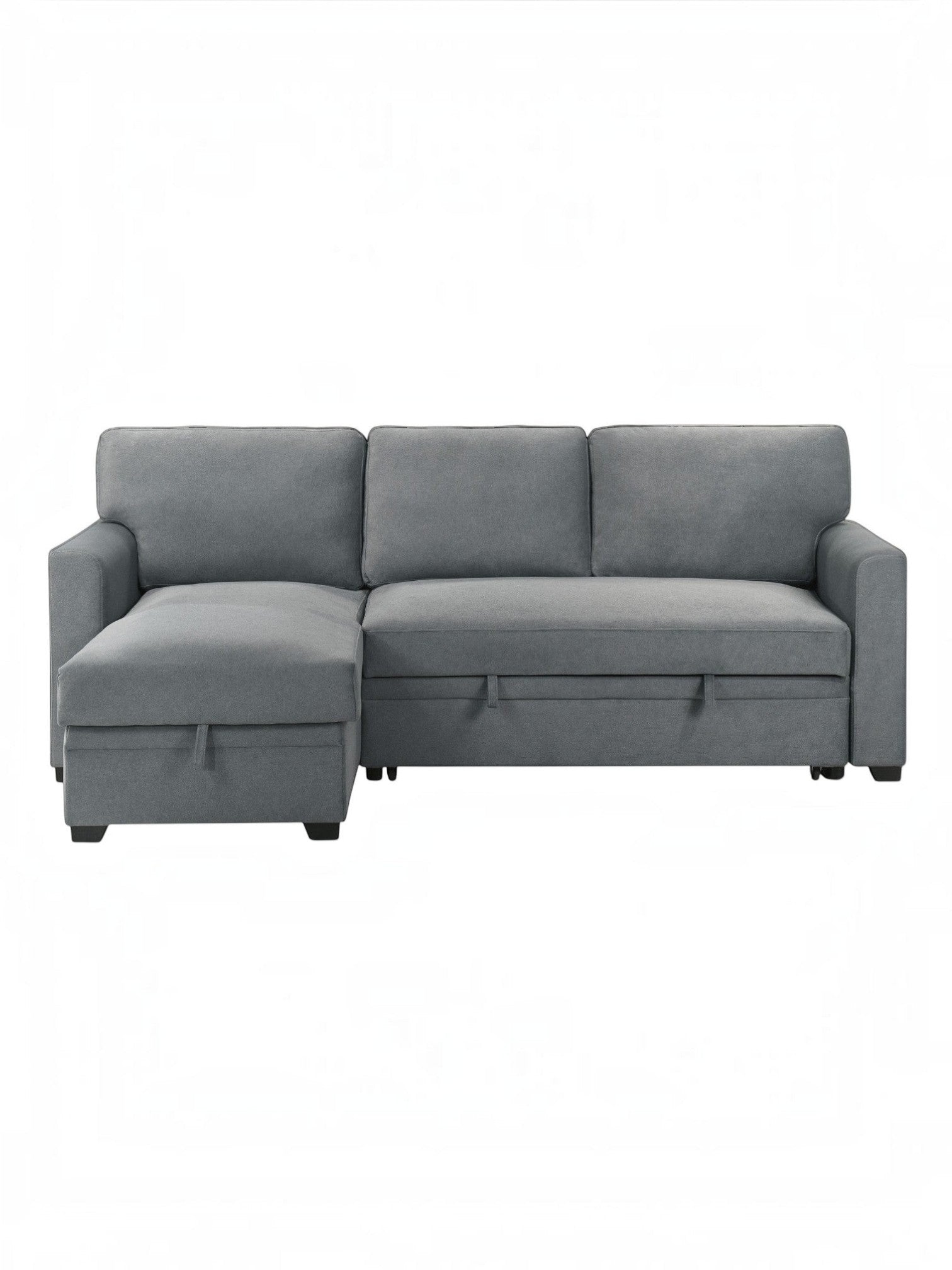 Canapé-lit d'angle Teni gris en tissu de TOCO Meubles, avec rangement intégré sous l'assise et la méridienne.