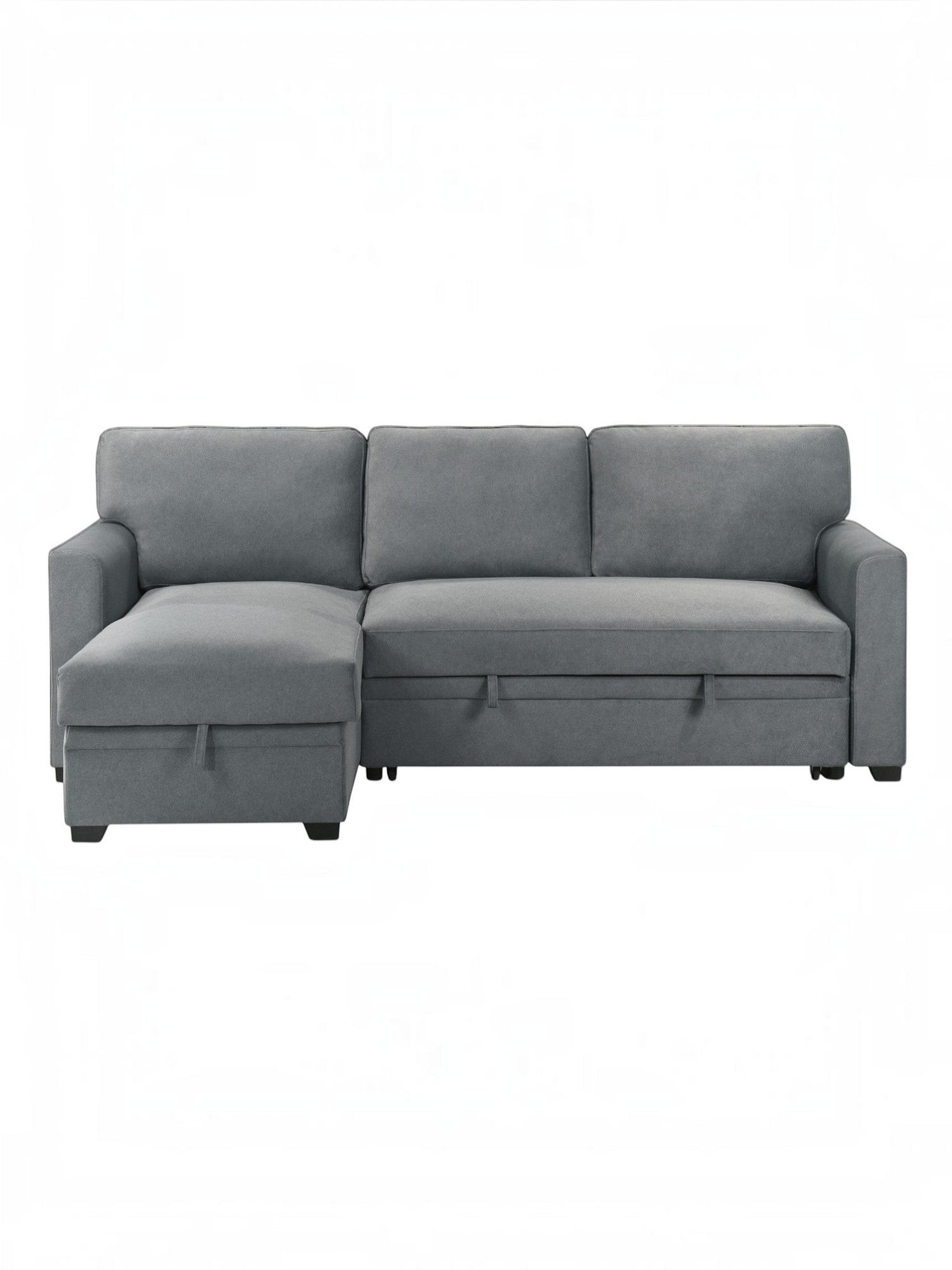 Canapé-lit d'angle Teni gris en tissu de TOCO Meubles, avec rangement intégré sous l'assise et la méridienne.
