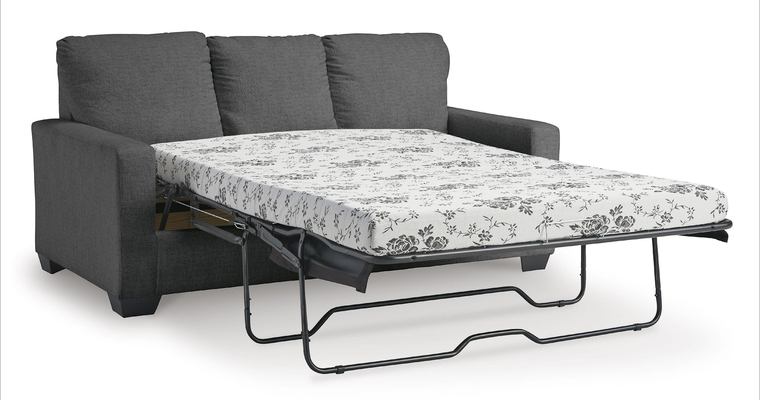 TOCO Meubles Canapé-lit Jabari 3 places gris foncé, convertible en lit avec matelas à motifs floraux noirs et blancs.