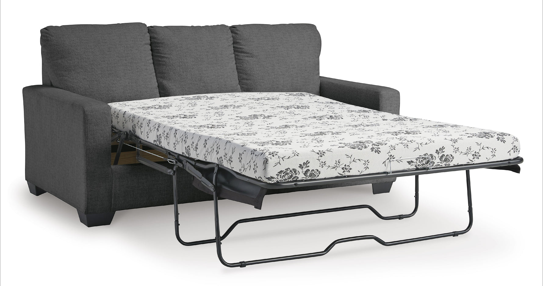 TOCO Meubles Canapé-lit Jabari 3 places gris foncé, convertible en lit avec matelas à motifs floraux noirs et blancs.