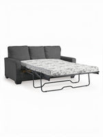 TOCO Meubles Canapé-lit Jabari 3 places gris foncé, convertible en lit avec matelas à motifs floraux noirs et blancs.
