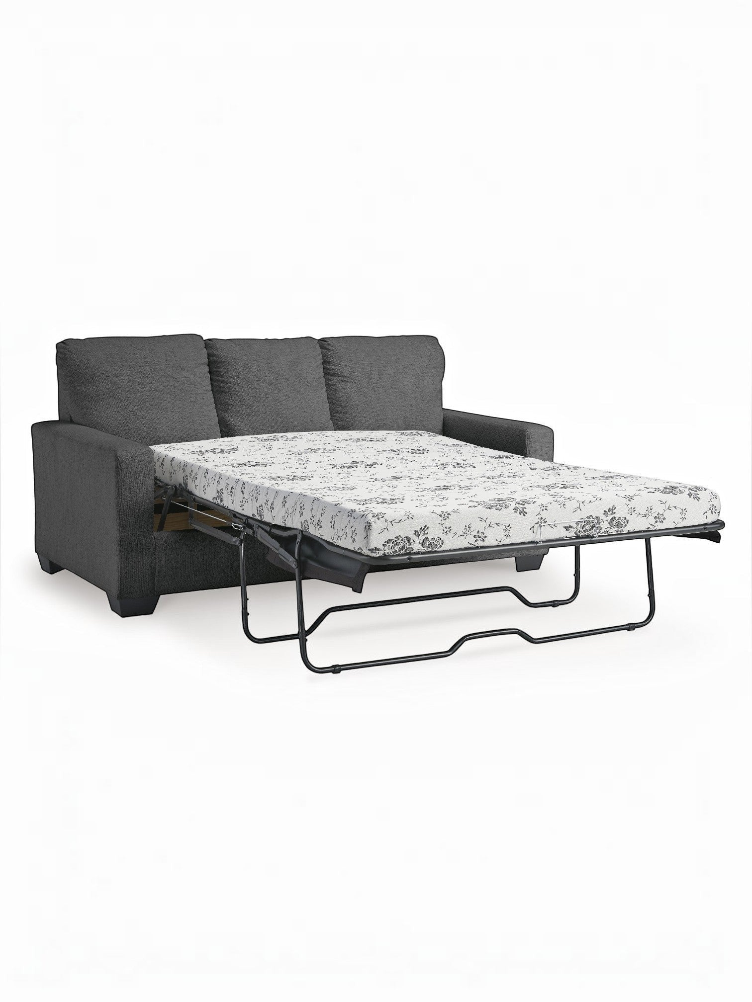 TOCO Meubles Canapé-lit Jabari 3 places gris foncé, convertible en lit avec matelas à motifs floraux noirs et blancs.