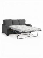 TOCO Meubles Canapé-lit Jabari 3 places gris foncé, convertible en lit avec matelas à motifs floraux noirs et blancs.