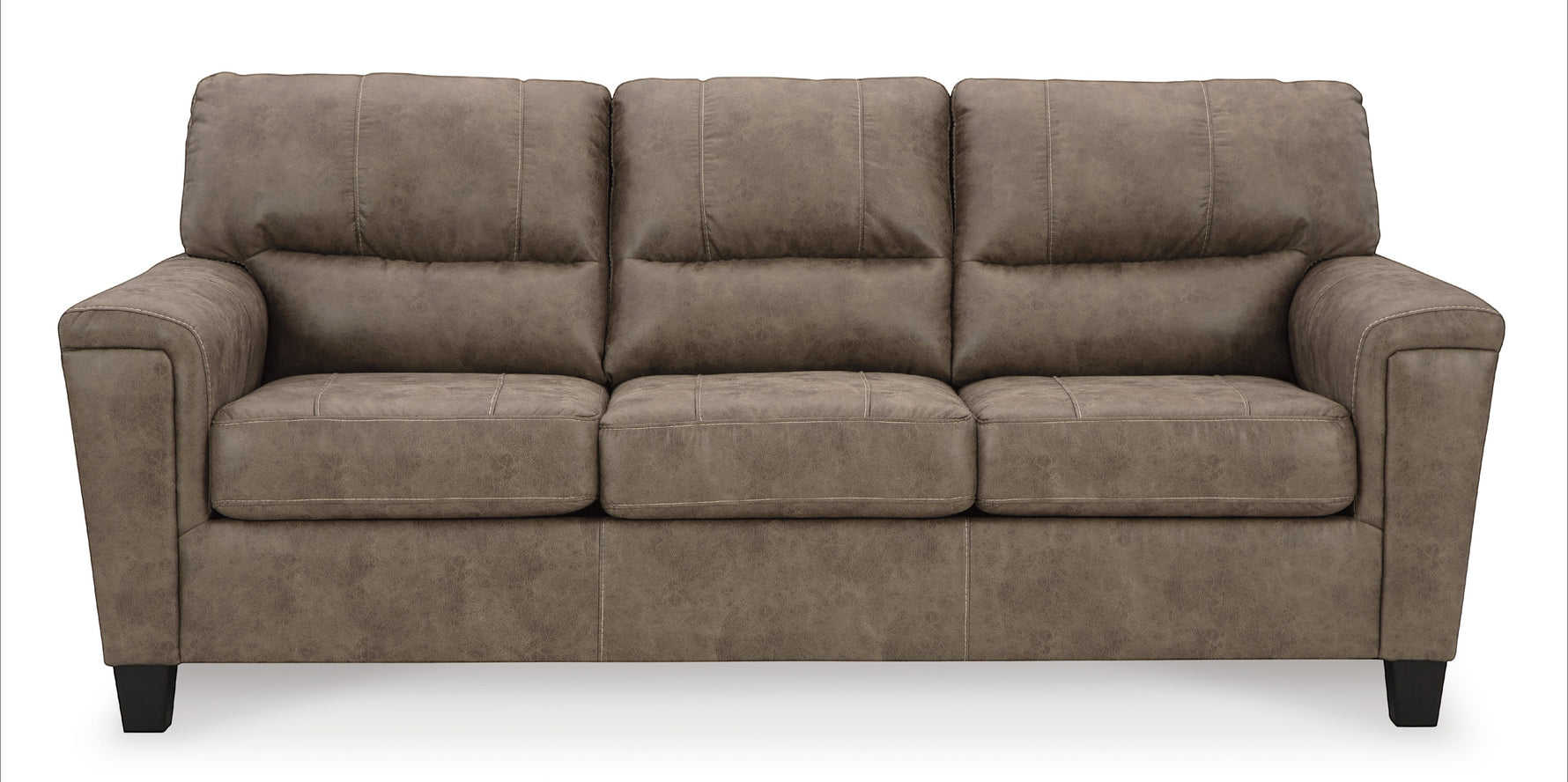 Canapé-lit Kairo TOCO Meubles aspect cuir marron, 3 places, coutures contrastantes, pieds noirs.