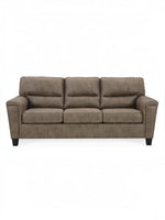 Canapé-lit Kairo TOCO Meubles aspect cuir marron, 3 places, coutures contrastantes, pieds noirs.