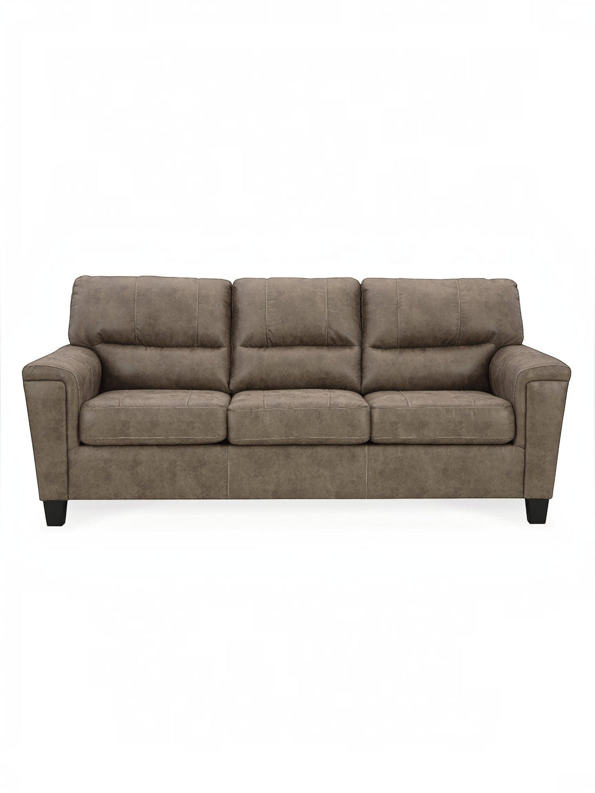 Canapé-lit Kairo TOCO Meubles aspect cuir marron, 3 places, coutures contrastantes, pieds noirs.