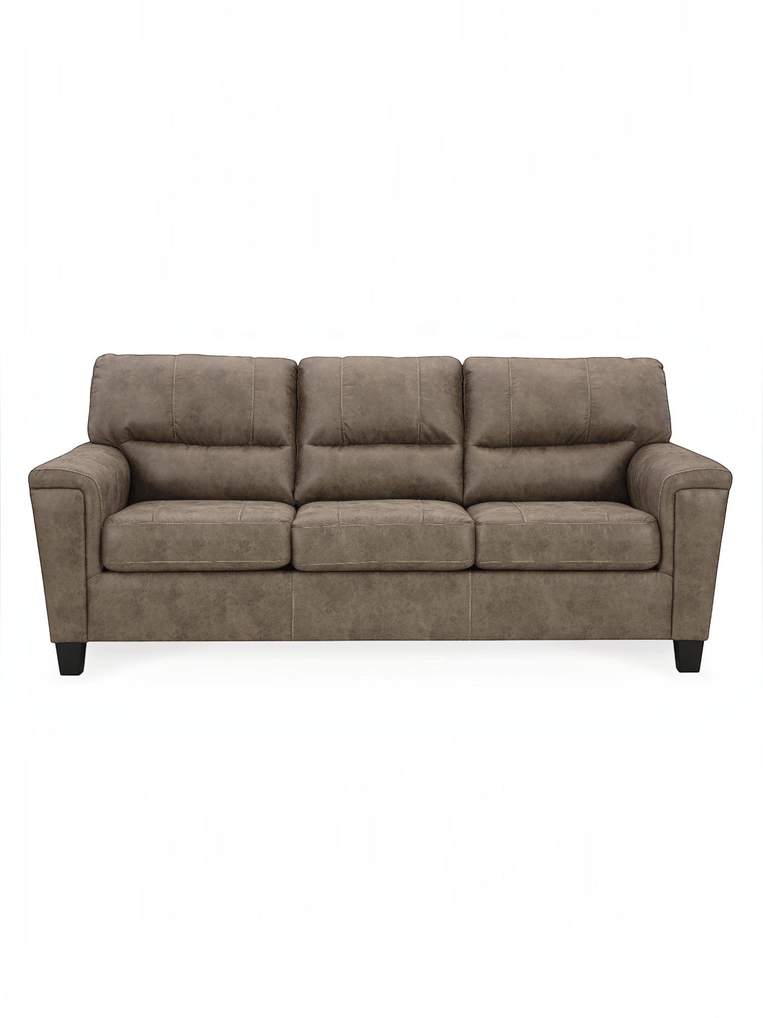 Canapé-lit Kairo TOCO Meubles aspect cuir marron, 3 places, coutures contrastantes, pieds noirs.